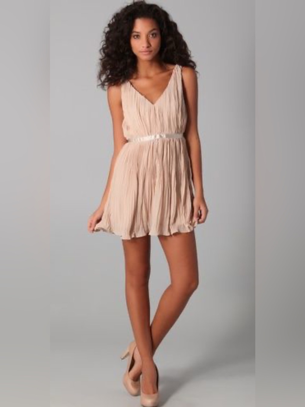BB Dakota Pleated V-Neck Mini Dress in Soft Cream